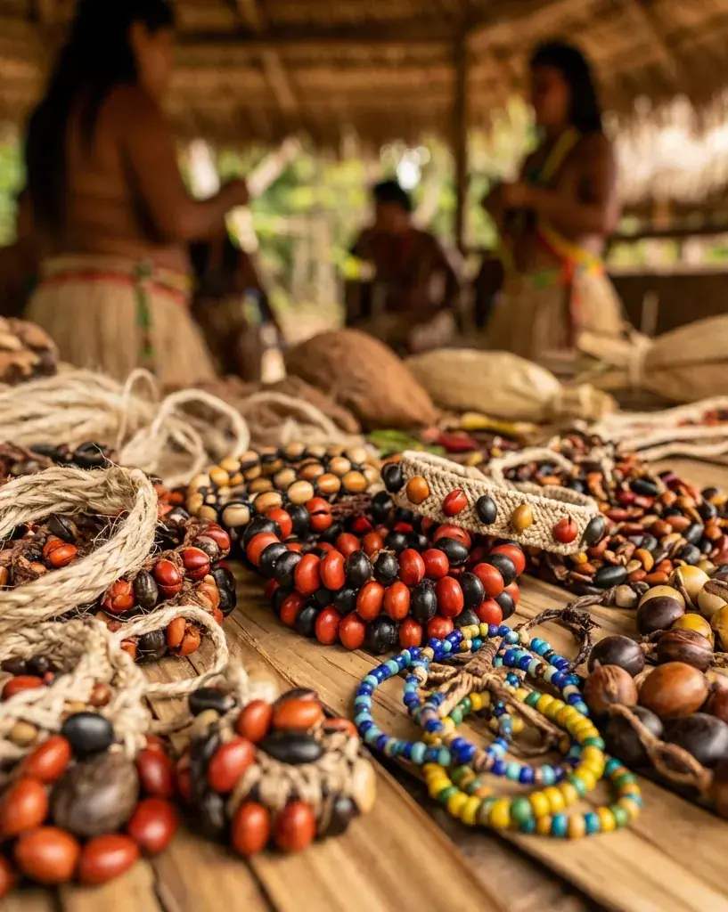 Artesanato amazônico em sementes e miçangas sobre mesa de madeira